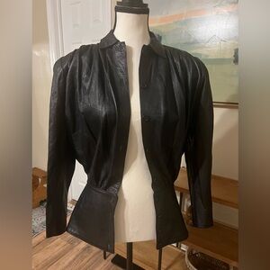 Vintage 80s Leather Jacket Black Cinched Waist Power Shoulder XS Alicia Herrera